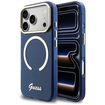 „Guess IML Script“ metalinis „MagSafe“ dėklas, skirtas „iPhone 17 Pro“, mėlynas
