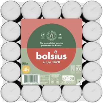 Žvakė, arbatinė Bolsius, 4 h, 50 vnt., balta sp.