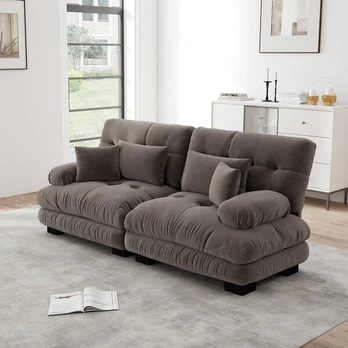 Chenilės kampinė sofa, masyvi mediena, 2 pagalvės, ruda