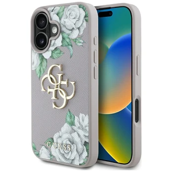Dėklas Guess Grained Roses Big 4G logo do iPhone 16 violetinė