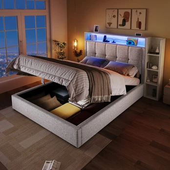 Polsteruotas lovos rėmas, 90x200 cm, USB-C, LED, 2 dėžės