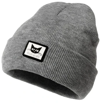 Moteriška šilta beanie kepurė su katinu, pilka
