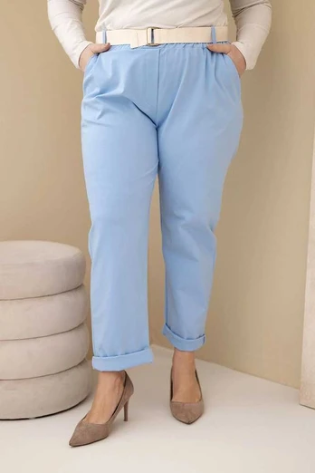 Kelnės (dydis Plus Size) medvilninės su diržu mėlynos