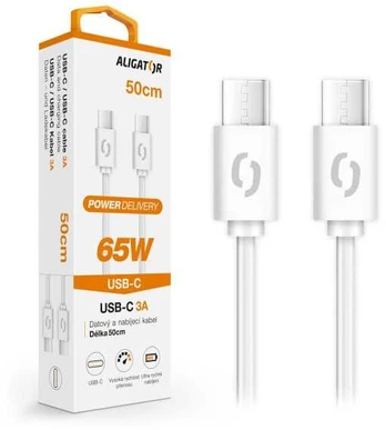 Data cable ALIGATOR POWER 65W, USB-C/USB-C 3A, 0,5m baltas