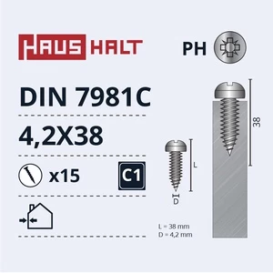 Savisriegis Haushalt DIN 7981C, 4.2 mm x 38 mm, 15 vnt.