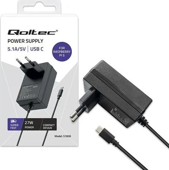 Qoltec Įkroviklis Super FAST PD for Raspberry PI 5 | USB-C | 27W | 5-12V | 1.8-5A | Juoda