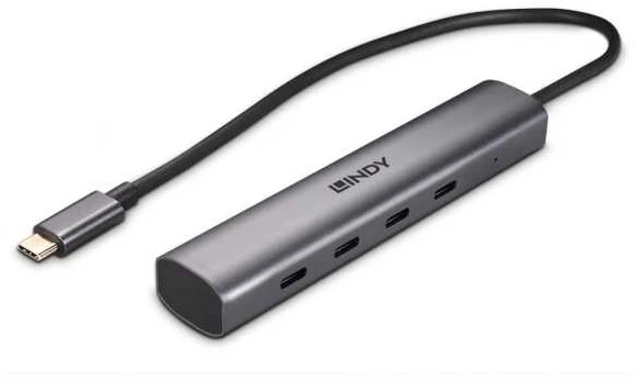USB Hub - Lindy 4 Port USB 3.2 Gen 2 Type C Hub, 10 Gbps, Tamsiai pilka