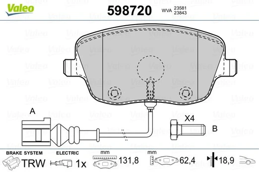 Stabdžių trinkelių rinkinys, diskinis stabdys VALEO 598720