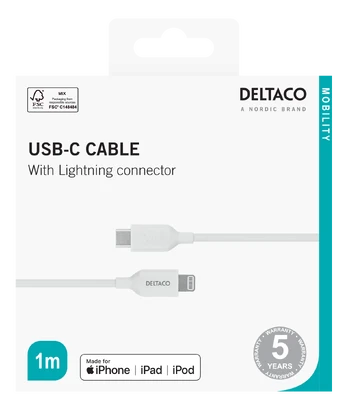 Lightning kabelis DELTACO IPLH-451 USB-C - 1m, Apple C94, baltas
