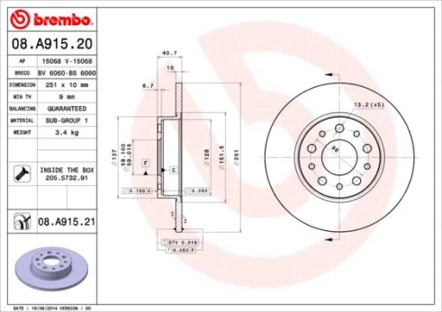 Stabdžių diskas BREMBO 08.A915.21