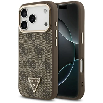 Dėklas Guess PU Leather 4G Strass Triangle Logo Gold Frame MagSafe Case for iPhone 18 Pro Brown