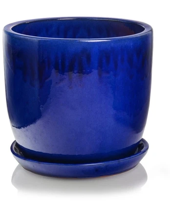 POLNIX Keraminis vazonas GLAZED, apvalus, su lėkštele, mėlynas, 23 x 19(A) cm