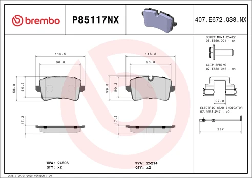 Stabdžių trinkelių rinkinys, diskinis stabdys BREMBO P85117NX
