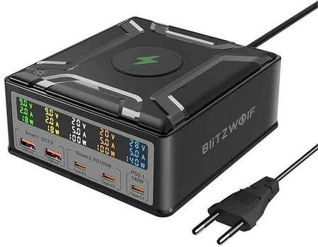 Blitzwolf BW-S28 260W, 2xUSB-A, 3xUSB-C, 15W wireless charger (juodas)