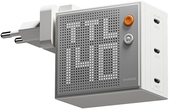 SHARGE Pixel 140 GaN Charger, 140W, 3x USB-C, Dot Matrix Ekranas - baltas