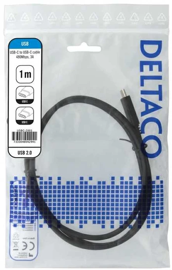 DELTACO USB 2.0 USB-C - USB-C charging cable, 3A, 1m, juodas
