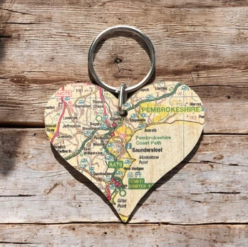 OS Map Wooden Heart Key-ring - Pembrokeshire Coast National Park