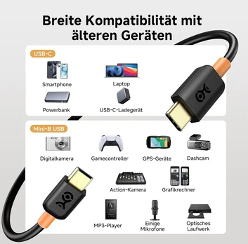 Usb-c į Mini Usb kabelis, 2m, juodas