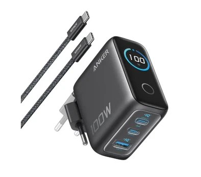 Anker Charger (100W, 3 Ports, Smart Display) with USB-C Cable