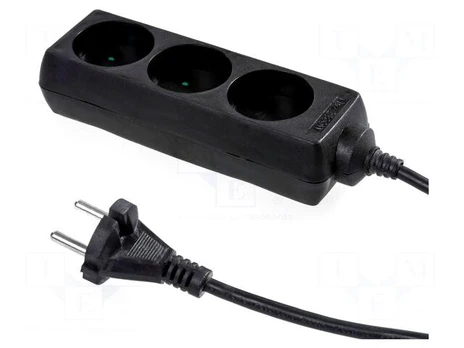 Extension lead | 2x1mm2 | Schuko | Sockets: 3 | PVC | black | 1.5m | 10A
