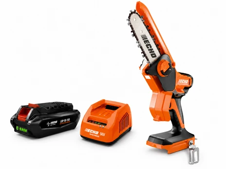 Battery-powered handheld pruning saw with battery and charger, Echo