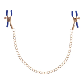 Sportsheets Cougar Adjustable Gold Chain Nipple Clamps with Mėlyna Tips