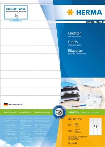 HERMA Etiketten Premium A4 baltas 70x16,9 mm Papier 5100 St.