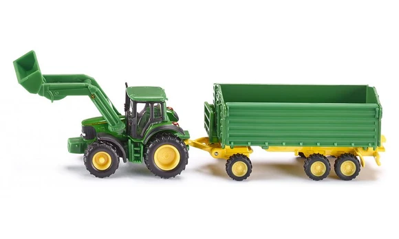 Sunkioji technika Siku John Deere With Front Loader & Trailer 1843, geltona/žalia
