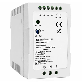 Qoltec 50915 DIN bėgio maitinimo šaltinis | 96W | 24V | 4A | Baltas | Lieknas