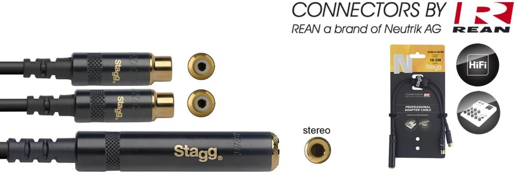 Adapteris Stagg REAN 6,3mm Jack/f - 2 x RCA/f 10 cm