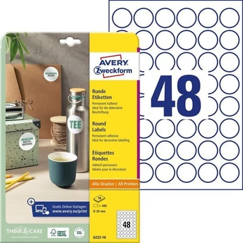 Avery etiketės apvalios 30mm, baltos, 480 vnt.