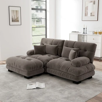 Chenilės kampinė sofa, modulinė, su otomane, 2 pagalvės