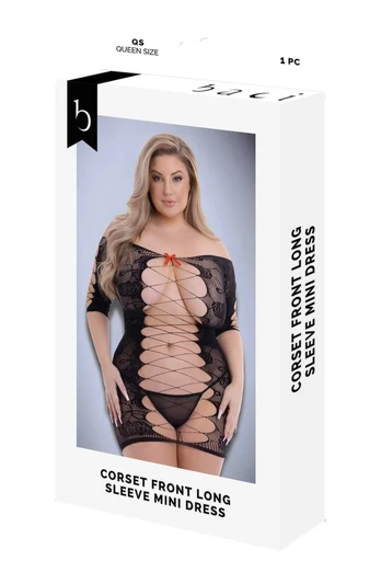 Baci Corset Front Long Sleeve Mini Dress Black Queen Size