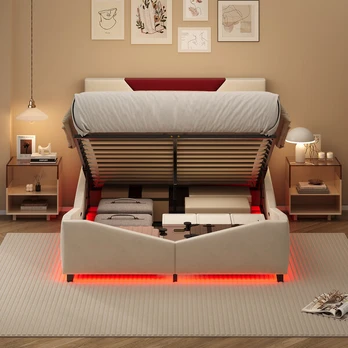 Lova 140x190cm - LED - Aksominė - Balta + Raudona