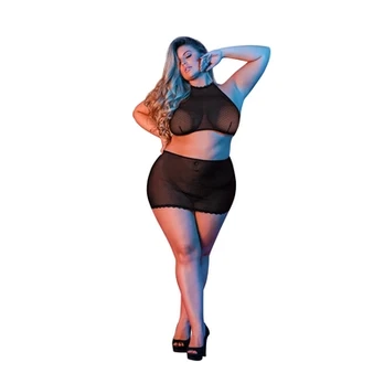 Magic Silk Exposed Juodas Mesh Halter Crop Top & Mini Skirt Set 2X