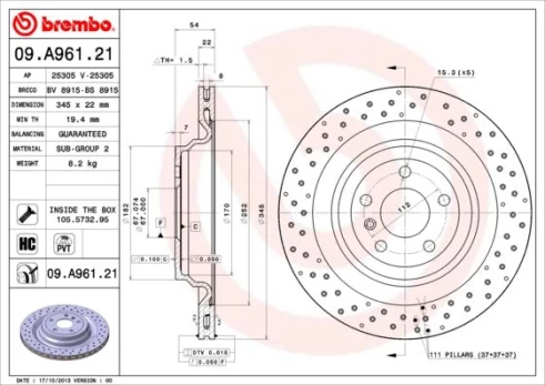 Stabdžių diskas BREMBO 09.A961.21