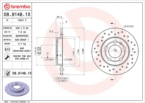 Stabdžių diskas BREMBO 08.9148.1X