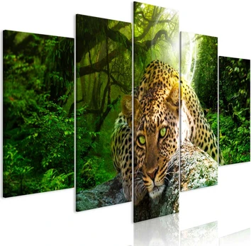 Artgeist Paveikslas - Leopard Lying (5 Parts) Wide Green