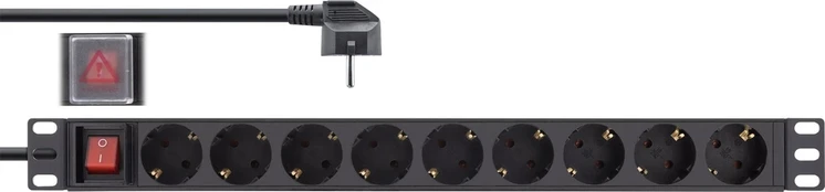 InLine 19'' Socket strip, 9-way protective contact, with switch, 2m, juodas