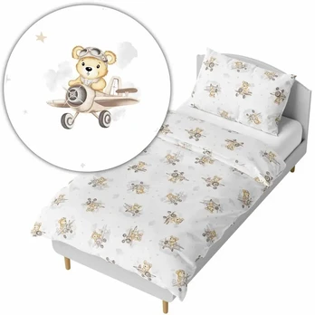 Bedding set - 6 parts - 120/90/360 - BEAR in PLANE - BEIGIE