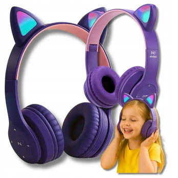 Vaikiškos belaidės Bluetooth on-ear ausinės su katės ausimis ir RGB LED