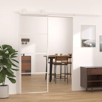 Stumdomos durys, baltos, 76x205cm, ESG stiklas ir aliuminis