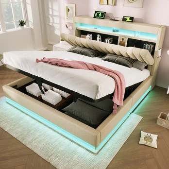 Dvigulė lova su LED, USB ir Type-C, 140x190 cm, smėlio