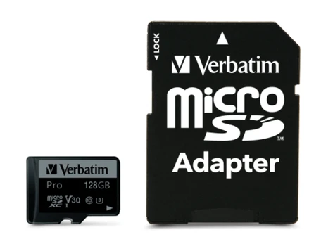 Verbatim 47044 Pro U3 Micro SDXC Atminties kortelė 128GB + microSD į SD Adapteris