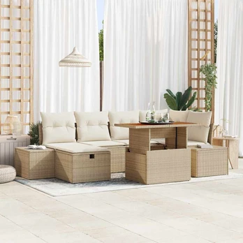 7 dalių sodo sofa su pagalvėmis Smėlio Poli ratanas