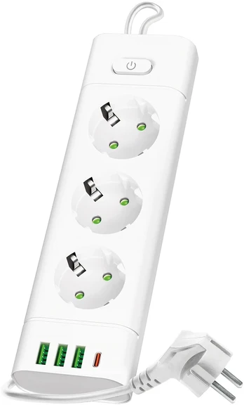 Ilgintuvas, 3-vietis, baltas, 3000mm, su 3xUSB + 1xUSB C
