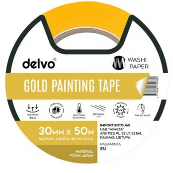 Profesionali Dažymo Juosta Delvo Gold (įv. plotis) : Ilgis - 50 m, Plotis - 30 mm, Spalva - Geltona