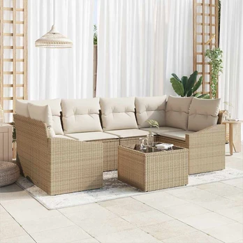 Sodo sofa rinkinys 7 dalys Kreminė Ratanas
