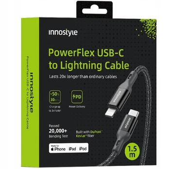 INNOSTYLE POWERFLEX USB-C LIGHTNING MFI GREITOJO ĮKROVIMO KABELIS IPHONE KEVLARUI 2 M JUODAS