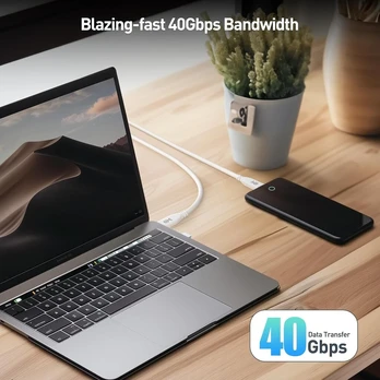 Usb4 kabelis 40gbps, 8k vaizdo, 240w įkrovimo, 0.8m, baltas